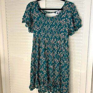 Patrons of Peace Green Floral Back Cut Out Flutter Sleeve Mini Dress Size M